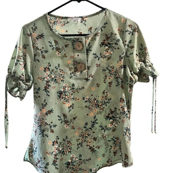 Persaya Green Ruched Polo Blouse size small. - Picture 4 of 8